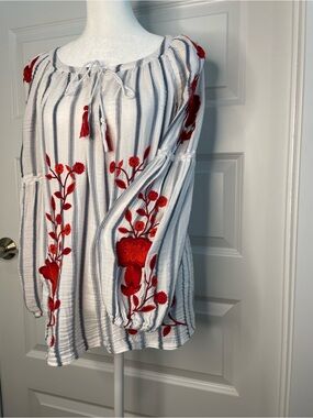 INC International Embroidered Stripe Peasant Blouse Red Floral Accents - Medium